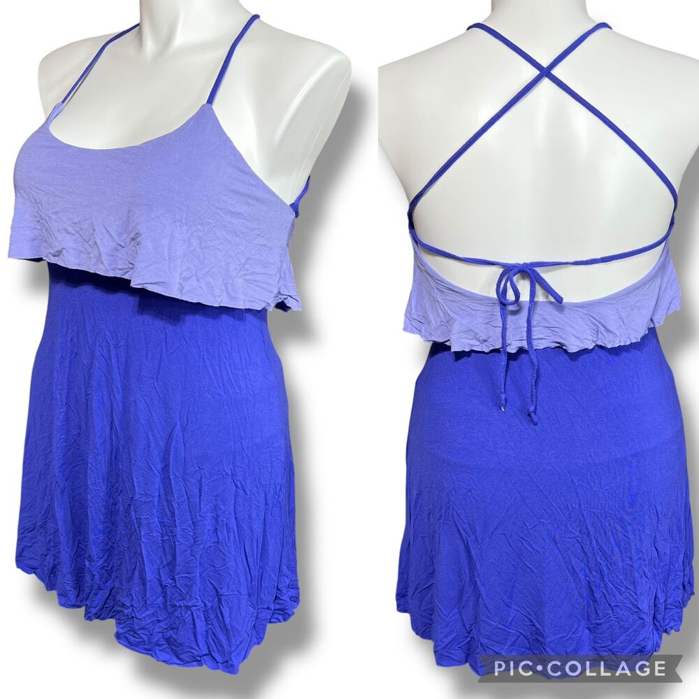 Joe Boxer Large Blue Flounce Sundress Strappy Open Back Mini Dress Boho Y2K